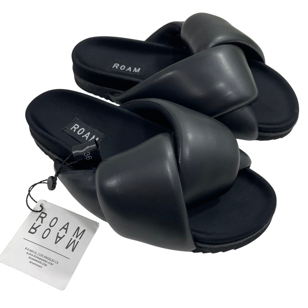 NWT ROAM Foldy Puffy Black Slides Sandals Vegan Leather Platform Size 36 - US 6